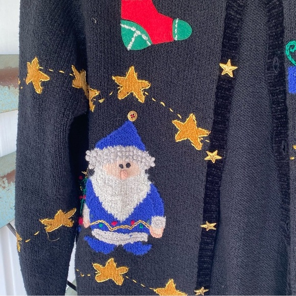 Northern Isle Christmas Cardigan Sweater Santa Stars Black - Size Medium - Picture 6 of 9